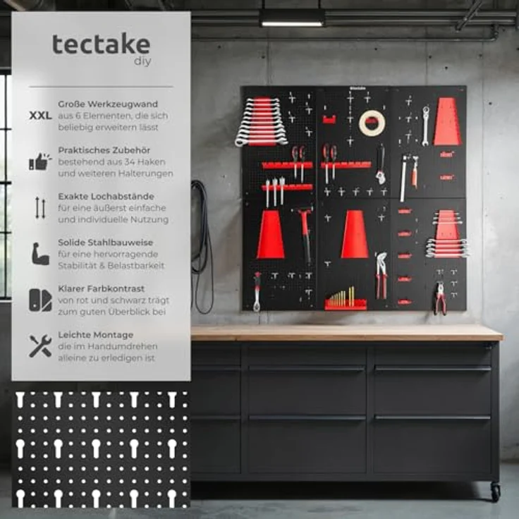 tectake® Werkzeug Lochwand, Metall, 240 x 60 x 2 cm, inkl. Werkzeughalter Set, 6-tlg. Regalsystem für Werkstatt und Garage – Bild 2
