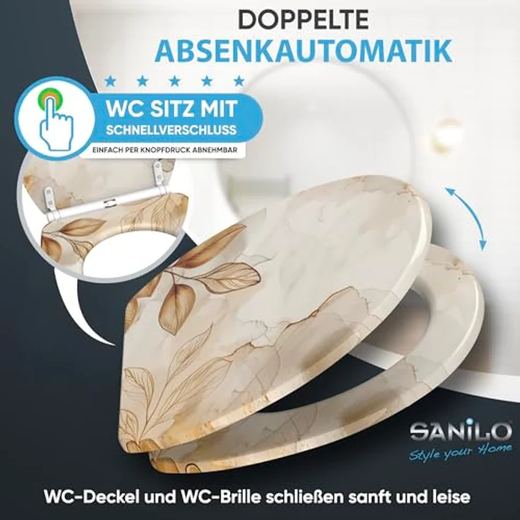 Sanilo WC Sitz Faylora, Toilettensitz mit Absenkautomatik und antibakterieller Beschichtung, bruchfestes Holz, 46-48 cm, 4-seitig bedruckt – Bild 3