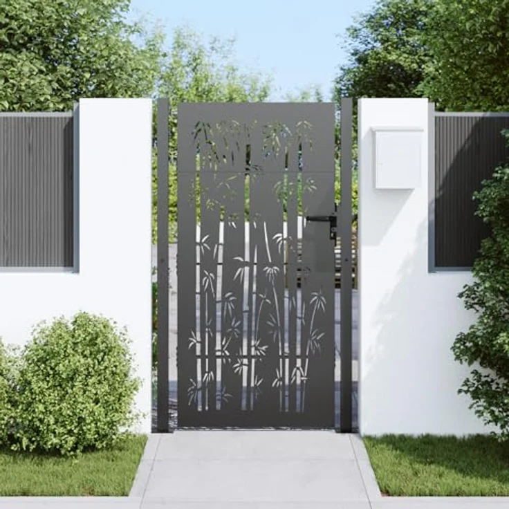 vidaXL Gartentor Schwarz, 105 x 175 cm, pulverbeschichteter Stahl mit stabilem Riegelverschluss und modernem Laserschneider-Design – Bild 3
