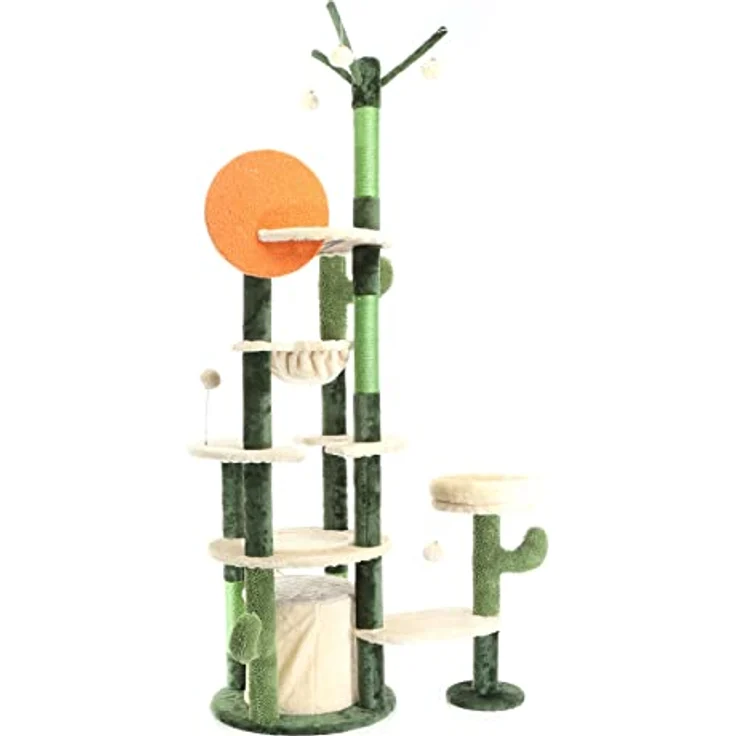 Fudajo Kratzbaum im Kaktusdesign Grün/Beige 172 cm, Katzenbaum mit Katzenhaus, Liegemulde, Sisal und Spielbälle – Bild 3