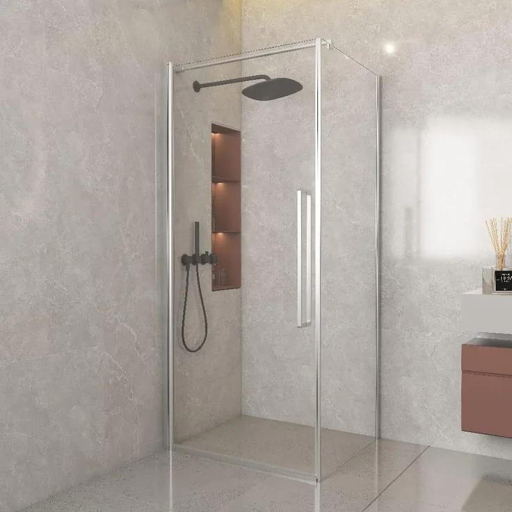 STANO Duschabtrennung UTRECHT CUADRA, Schwenktür mit festem Seitenteil, 8 mm ESG-Glas, Chrom, Höhe 200 cm, Türbreite 70-100 cm, Seitenteil 60-120 cm
