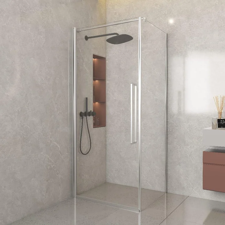 STANO Duschabtrennung UTRECHT CUADRA, Schwenktür mit festem Seitenteil, 8 mm ESG-Glas, Chrom, Höhe 200 cm, Türbreite 70-100 cm, Seitenteil 60-120 cm