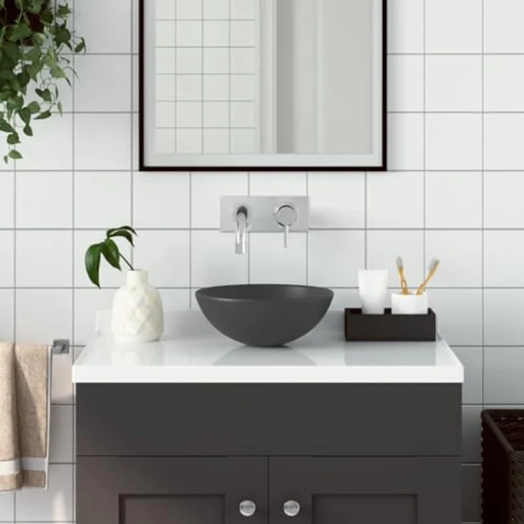 vidaXL Waschbecken Keramik Dunkelgrau Rund – Bild 3