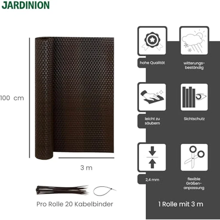 Jardinion Sichtschutzmatte Rattan Optik 1 x 3m, wetterfest in Braun-Mix, einfach zu montieren – Bild 3