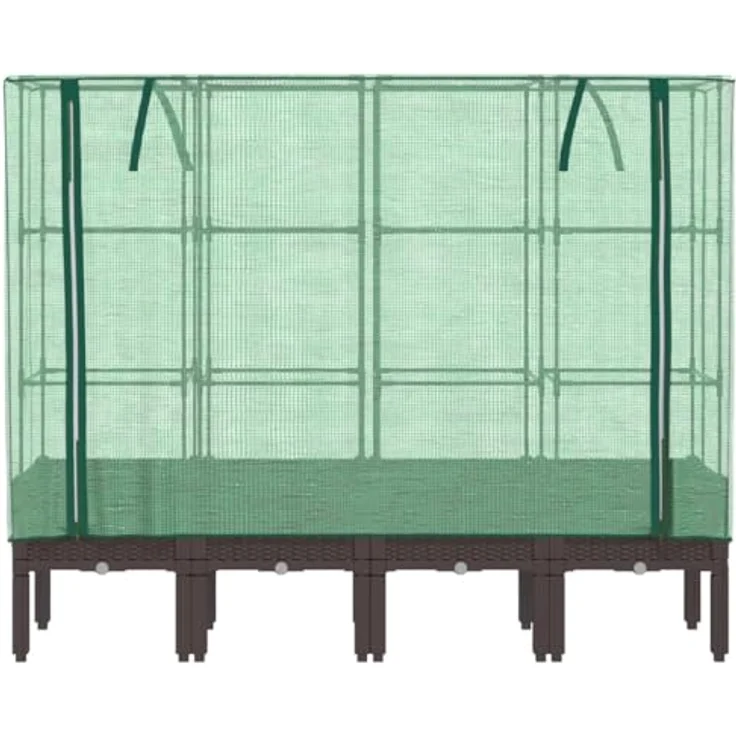vidaXL Hochbeet mit Gewächshaus-Aufsatz, Pflanzbeet mit Eisenrohr-Rahmen, Gemüsebeet für Garten Terrasse Balkon, Pflanzkasten Frühbeet, Rattan-Optik, Braun – Bild 5