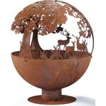 Kobolo Feuerschale Feuerkorb Forest Kugelform rund mit Motiv - Metall Rostoptik, rustikales Design mit Baum- und Hirschmotiv