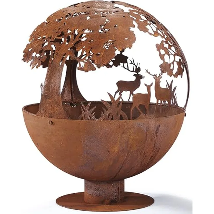 Kobolo Feuerschale Feuerkorb Forest Kugelform rund mit Motiv - Metall Rostoptik, rustikales Design mit Baum- und Hirschmotiv