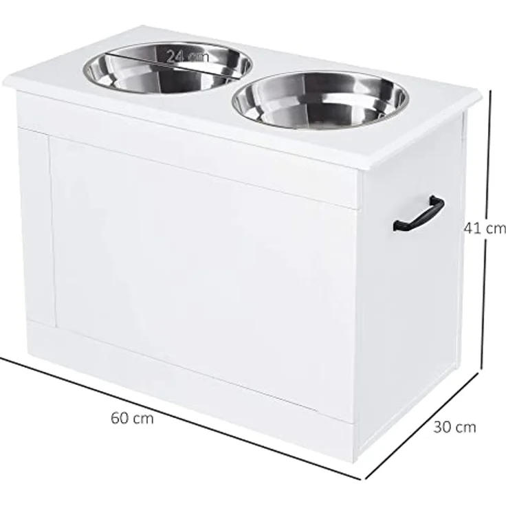 PawHut Hunde Fressnapf mit Staumraum 2 Näpfen Futterstation Edelstahlnapf Katzenapf MDF Edelstahl Weiß 60 x 30 x 41 cm – Bild 3