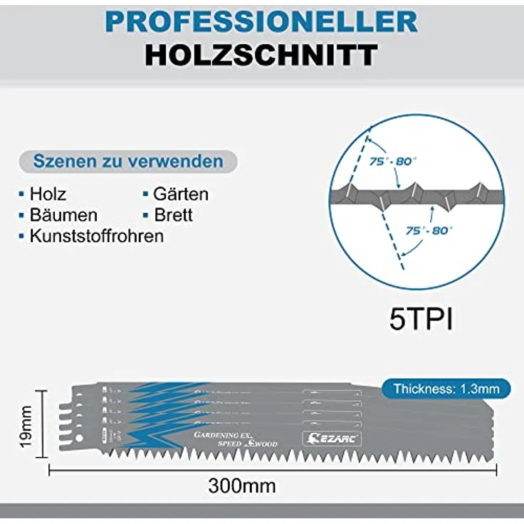 EZARC Säbelsägeblätter Set R1231GS, 5tlg, 300mm für Holzschneiden, 5 TPI, langlebig und vielseitig einsetzbar – Bild 3
