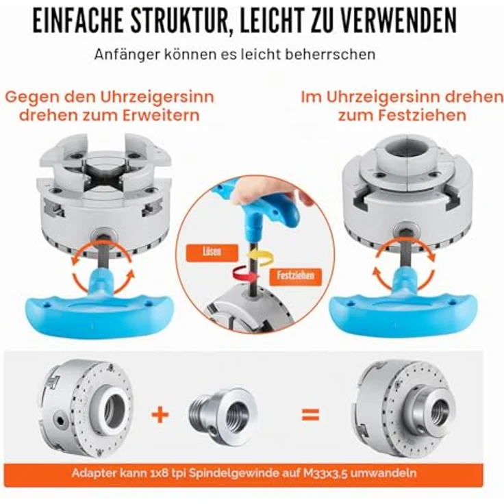 VEVOR KP2-3/4 Drehbankfutter 4-Backen φ70mm, Klemmbereich 30–47mm, Innengewinde 1x8 TPI, präzise Ausrichtungsgenauigkeit ≤0,3mm – Bild 5