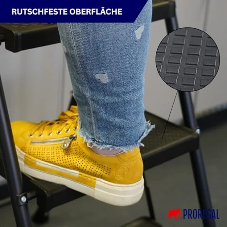 PROREGAL® Trittleiter Profi-Stehleiter, klappbar, 5 Stufen, Traglast 150 kg, robuste Stahlkonstruktion, Kunststoffstufen, Matt Schwarz – Bild 4