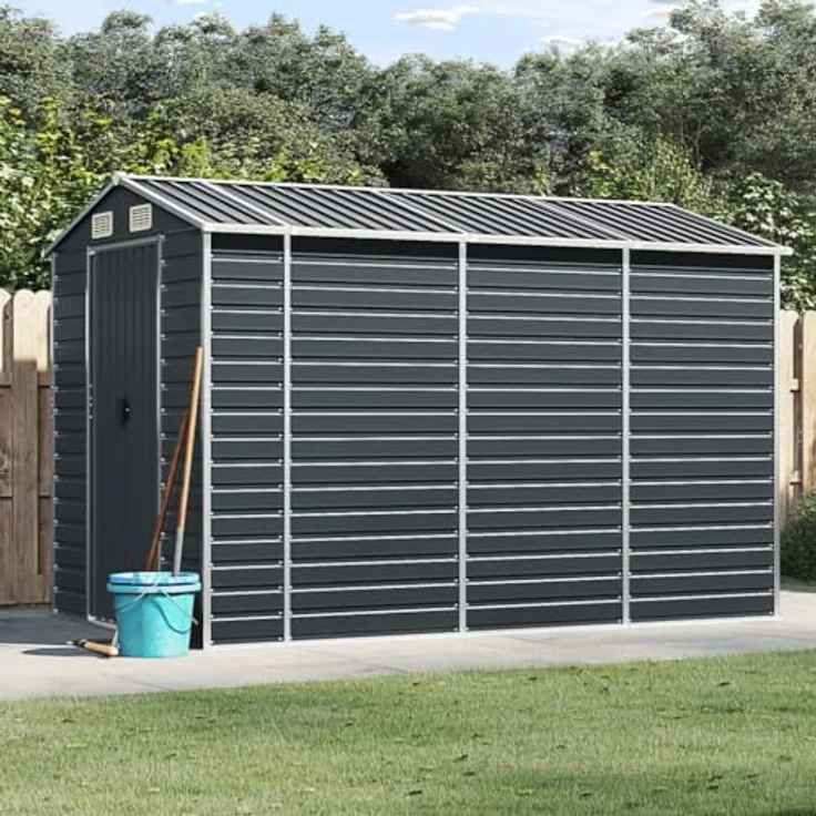 vidaXL Gerätehaus, Gartenhaus mit Schrägdach Griffe, Gartenschuppen Schuppen mit Stauraum, Geräteschuppen Metallschuppen, Anthrazit 191x300x198 cm Verzinkter Stahl – Bild 2