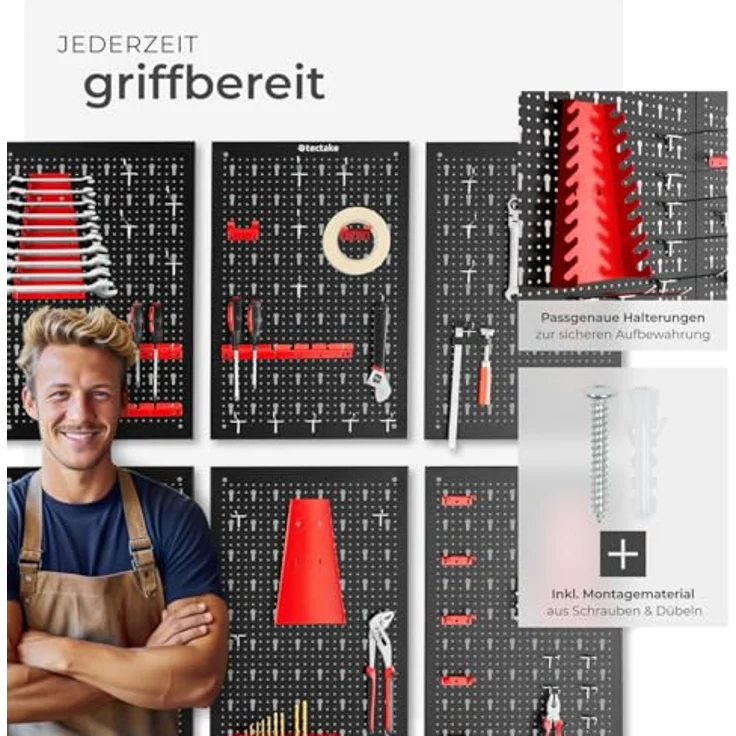 tectake® Werkzeug Lochwand, Metall, 240 x 60 x 2 cm, inkl. Werkzeughalter Set, 6-tlg. Regalsystem für Werkstatt und Garage – Bild 3