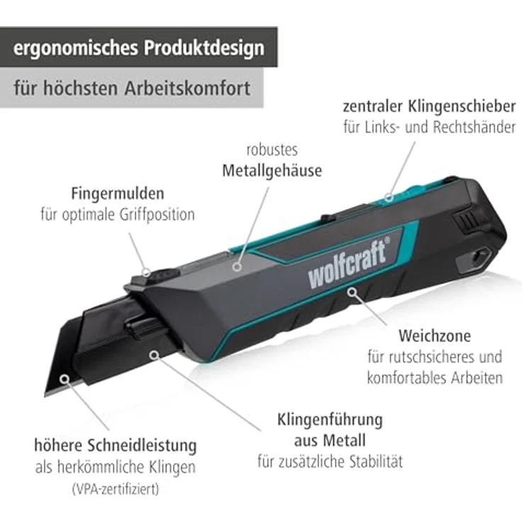 Wolfcraft 4291000 PRO SAFETY Abbrechklingenmesser 25mm, ergonomisches Teppichmesser mit PRO SHARP-Klinge für Links- und Rechtshänder – Bild 2