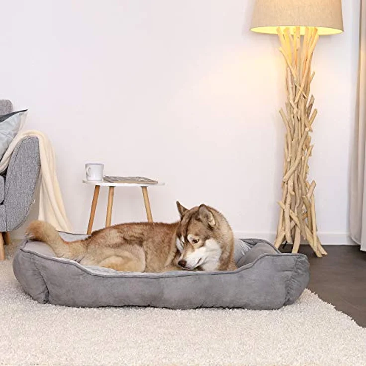 lionto Hundebett 2-in-1 mit komfortablem Einstieg, 110x80 cm, Wildlederoptik, grau – Bild 2