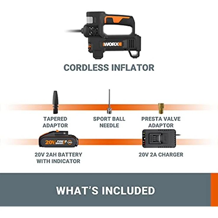 WORX - Luftkompressor und LED-Projektor, kabellos, 150 PSI – 20 V-2 Ah – WX092 (Lieferung mit Akku und Schnellladegerät, Lieferung mit Adapter für Fahrrad/Auto, Reifenaufpumpen in 2 min40s) – Bild 5