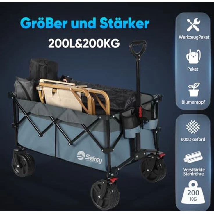 Sekey XXL Plus Bollerwagen Faltbar, 200L Volumen, 200KG Tragkraft, Patentierter Faltmechanismus, All-Terrain Räder, Blau-Grau – Bild 2