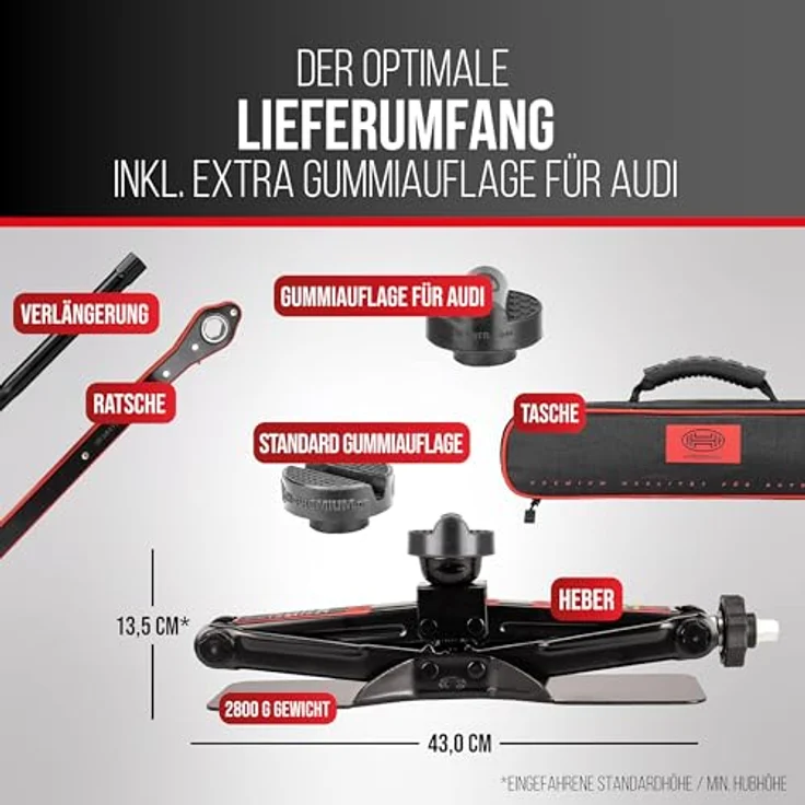 HEYNER® Multi Lift M Black, Scherenwagenheber 1,5t mit individueller Gummiauflage für Audi, höhenverstellbar 135–415 mm, drehbarer Sattel, inkl. Comfort-Verlängerung und Ratsche, Tasche, GS-geprüft – Bild 6