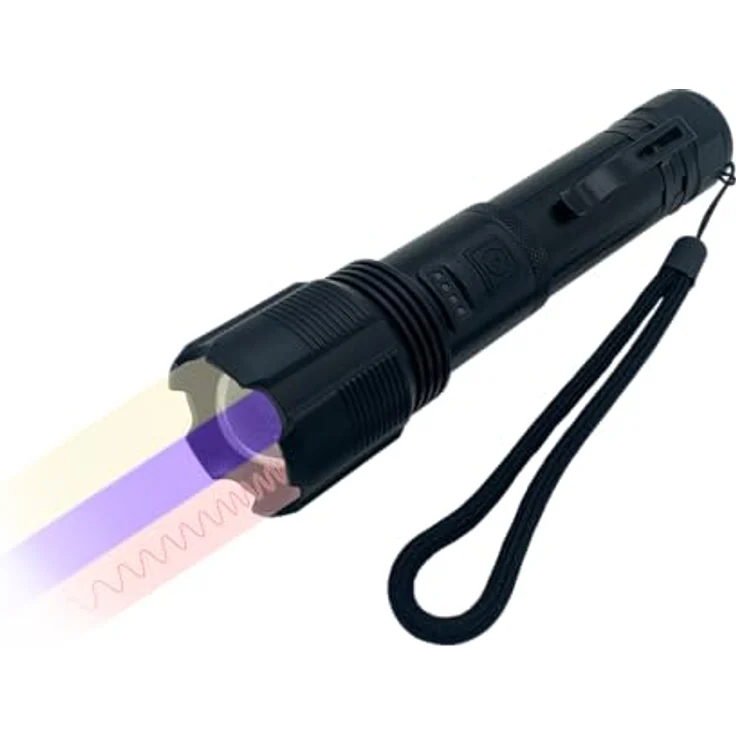 Berger + Schröter | Dreifunktions LED-Taschenlampe, Weiß, 940nm IR, 395nm UV Schwarzlicht, Aufladbar inkl. Akku, 25 mm Durchmesser, Schwarz mit Gürtelclip – Bild 1