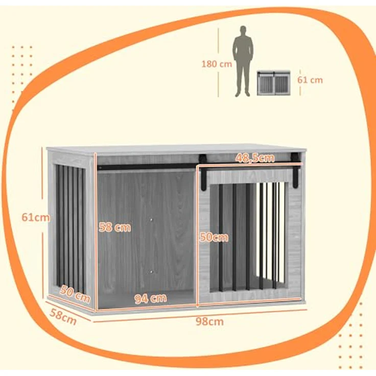 PawHut Hundekäfig für Zuhause, Abschließbar Hundehütte mit Eingang, Hundebox mit Schiebetür, Hundehaus für große Hunde unter 30 kg, Grau, 98 x 58 x 61 cm – Bild 5
