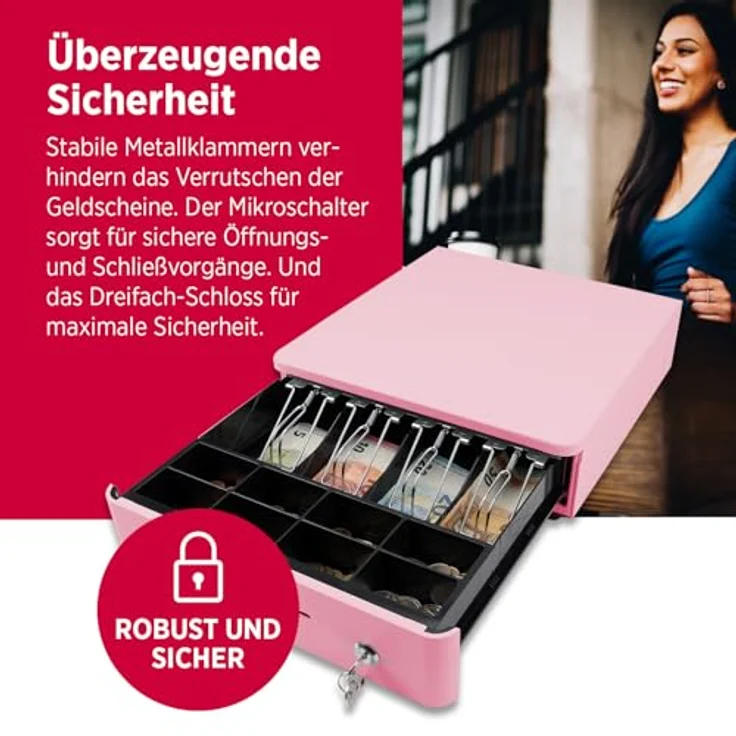 Olympia S 330 Bonbon pink, Kassenlade mit 8 Münzfächern, 4 Scheinfächern, robustem Vollmetall-Unterbau, elektrisch ansteuerbar mit Schloss & RJ11/RJ12-Anschluss – Bild 4