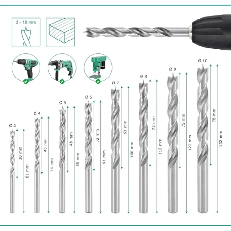 Ent European Norm Tools - ENT 8-tlg. HSS-G Holzbohrer-Set - 3 - 10 mm – Bild 2