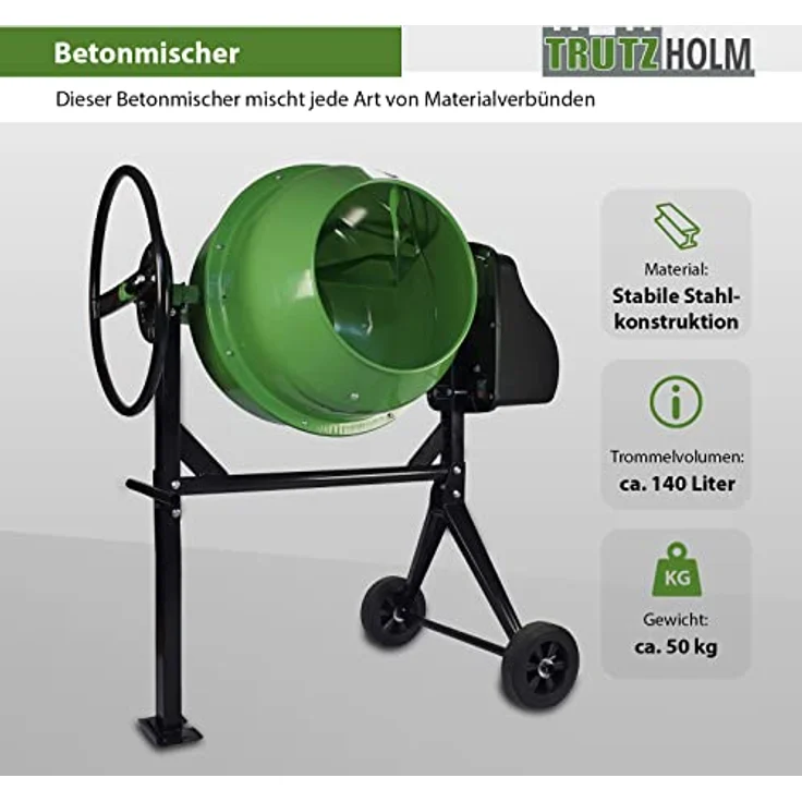 TRUTZHOLM Betonmischer TH-140L, 140 Liter, 550 W, 30 U/Min, stabil, ideal für Beton, Mörtel und Gips – Bild 2