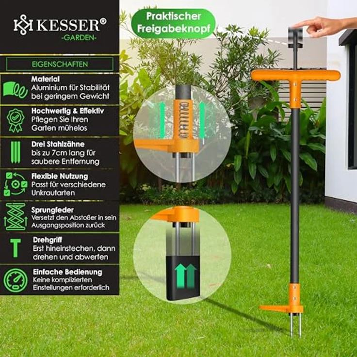 KESSER® Unkrautstecher mit Stiel, ergonomischer Unkrautentferner mit T-Griff & Fußpedal, 3 Stahlzähne & Sprungfeder, inklusive Handschuhe & Schutzkappe – Bild 2