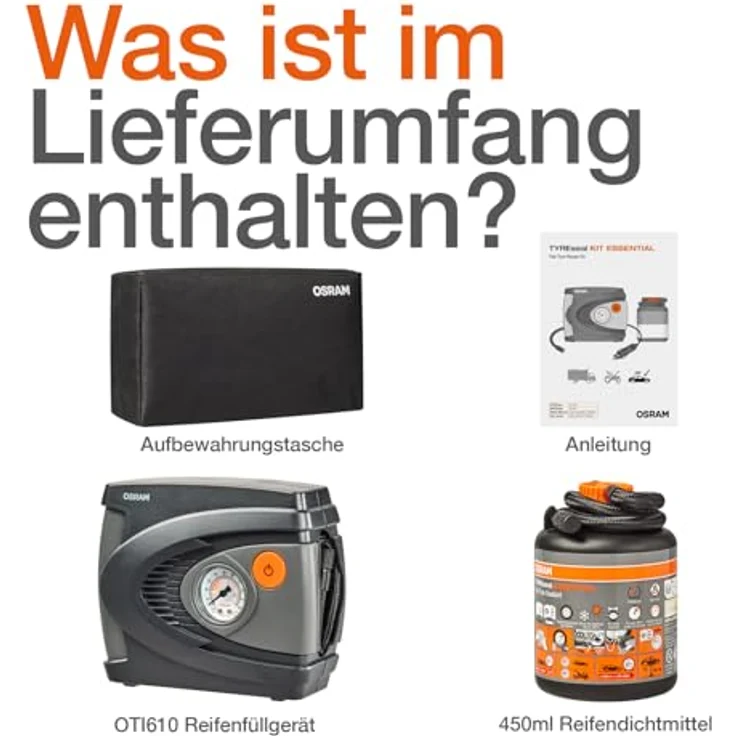 Osram TYREseal Kit Essential, Reifenkompressor mit Dichtmittel (0.45 l), repariert Reifenschäden bis 6 mm, umweltfreundlich und einfach zu handhaben, inkl. Aufbewahrungstasche – Bild 3
