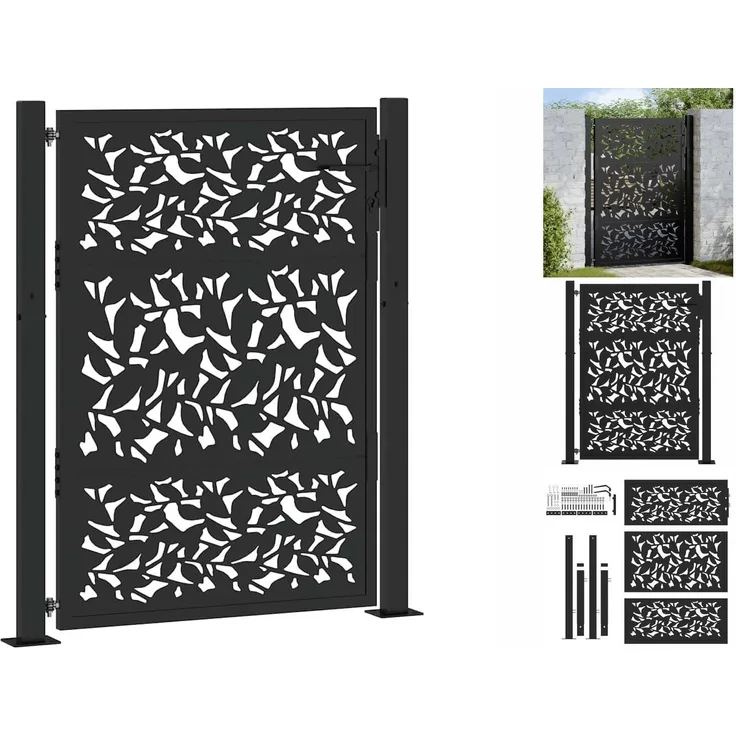 vidaXL Gartentor Schwarz 105x130 cm Stahl Blatt-Design Abschließbar mit 3 Schlüsseln