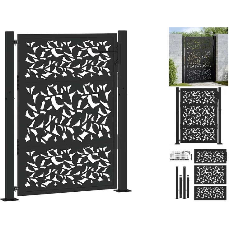 vidaXL Gartentor Schwarz 105x130 cm Stahl Blatt-Design Abschließbar mit 3 Schlüsseln – Bild 1