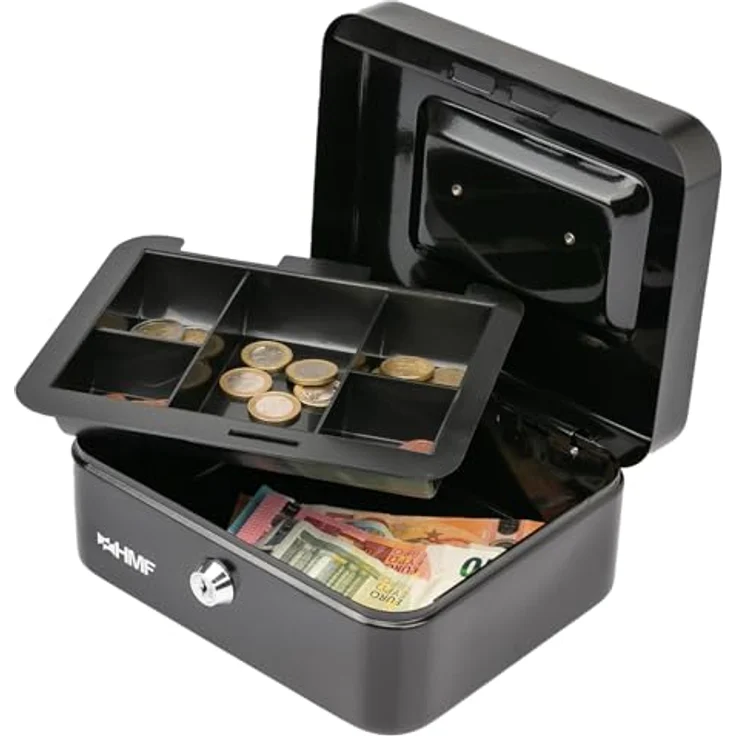 HMF Geldkassette abschließbar, Kasse mit 5 Münzfächern und herausnehmbaren Einsätzen, 20 x 16 x 9 cm, Schwarz – Bild 4