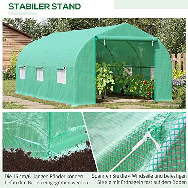 Outsunny Folien Gewächshaus Foliengewächshaus Treibhaus Frühbeet Pflanzenhaus Tomatenhaus Giebeldach 450 × 300B × 205H cm – Bild 5