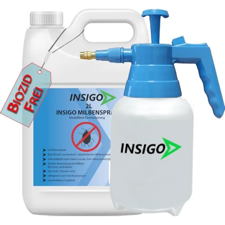 INSIGO Biozidfreie Milben Abwehr 2L+ Sprüher – Fleckenfreies Milbenspray für Matratzen – Hausstaubmilben effektiv abwehren