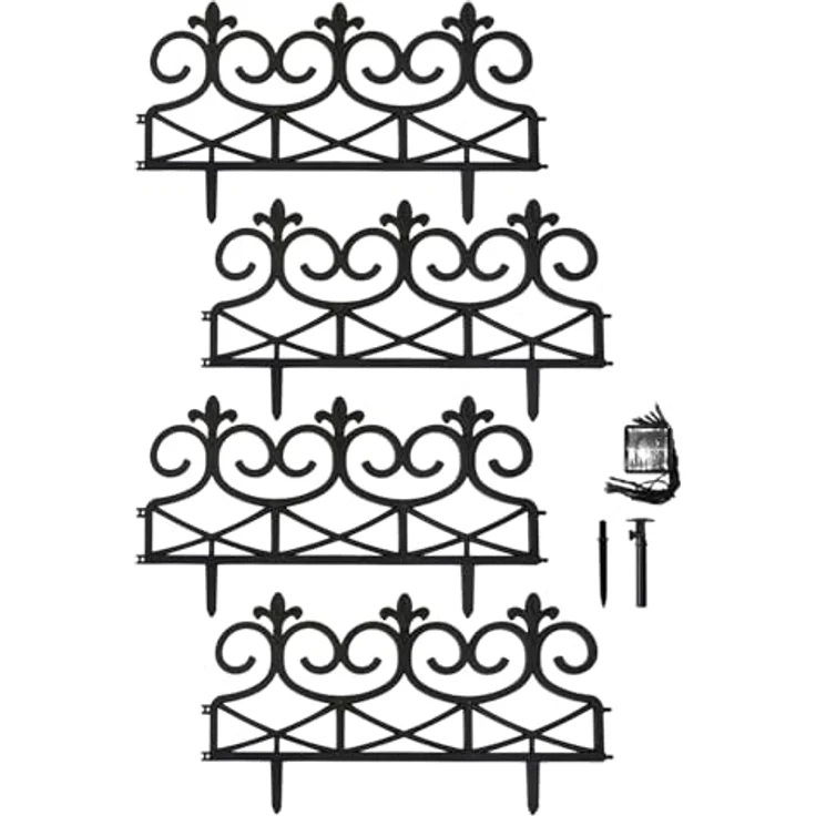 HTI-Living Zierzaun Solar Lilie, Beetumrandung mit Solarbeleuchtung, Set aus 4 Zaunelementen, 240 cm Gesamtlänge, 60x32.5 cm, witterungsbeständiger Kunststoff – Bild 3