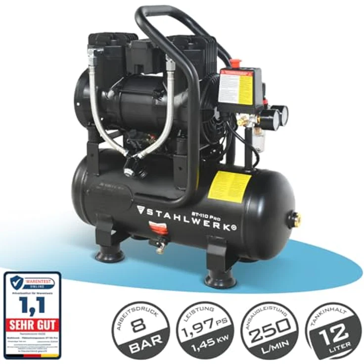 STAHLWERK Kompressor 10 l, ölfrei, leise, 8 bar, 1,97 PS, 250 l/min Druckluftkompressor mit Brushless-Motor – Bild 2