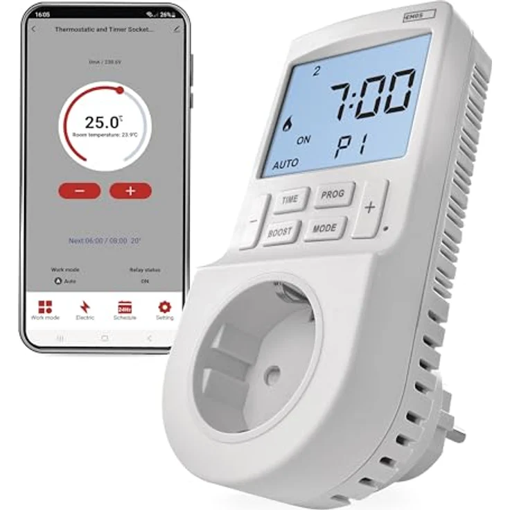 EMOS GoSmart 2in1 Steckdosenthermostat und Zeitschaltuhr mit App, digitaler Raumtemperaturregler für Heizung und Kühlung, Typ F Schuko, erhöhten Berührungsschutz, Sprachsteuerung mit Alexa und Google Assistant – Bild 1