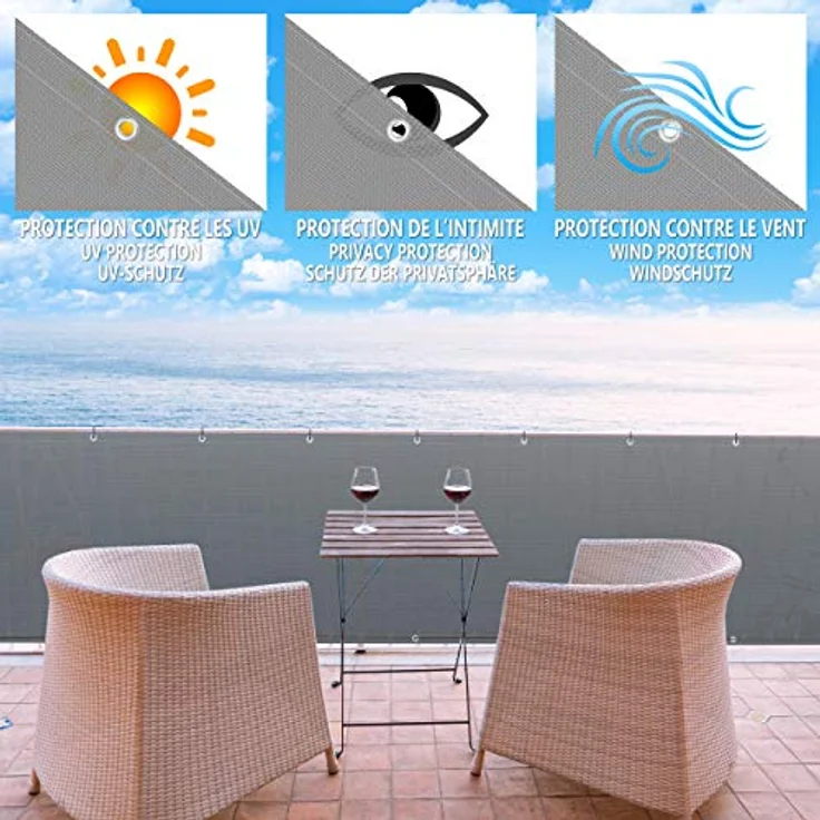 Balkon Sichtschutz, HDPE Gewebe, UV-Schutz, Wetterfest, 90x500 cm Grau – Bild 3