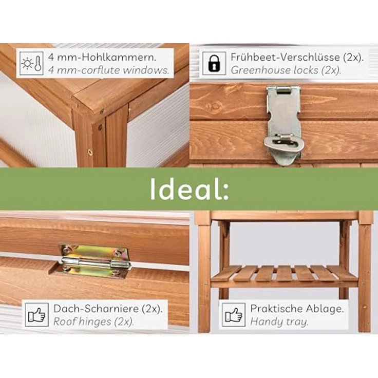 needs&wants® Großes Hochbeet mit Frühbeet-Aufsatz, Holz in braun, 90 x 60 x 118 cm, mit stabilem Tannenholz, feststellbarem Deckel und Stauraum für Gartenbedarf – Bild 4