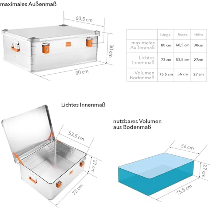 Alubox Alukiste E241-27, abschließbar, 114 Liter, Aluminium mit Gummidichtung und Stapelecken, inkl. Schlösser, Innenhöhe 27 cm – Bild 2