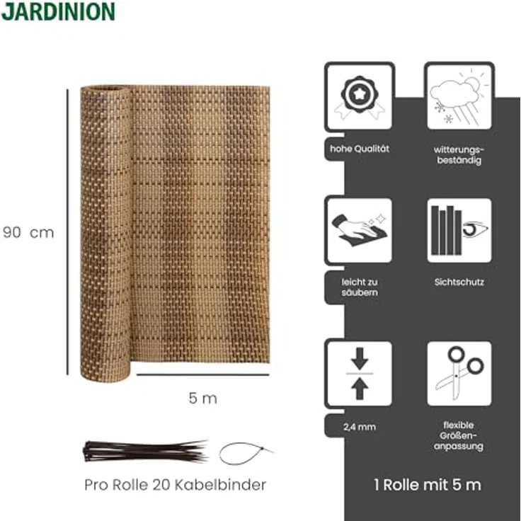 Jardinion Sichtschutzmatte Rattan Optik, 0,90 x 5m, hellbraun, wetterfest und pflegeleicht, ideal für Balkon und Gartenzaun – Bild 3