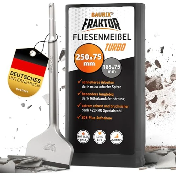 BAURIX® Fliesenmeißel SDS Plus 250x75 mm, abgewinkelter Flachmeißel mit selbstschärfender Schneide und bruchsicherem Schaft – Bild 1