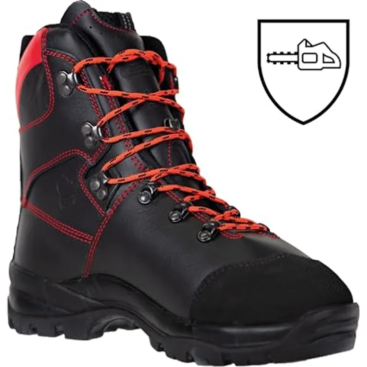 OREGON Schnittschutzstiefel Waipoua, Leder, wasserabweisend, Hitzebeständig bis 300 °C, Schwarz/Rot, Größe 46 – Bild 2