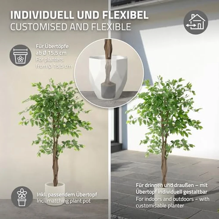 ML DESIGN Kunstpflanze Ficus 150 cm, naturgetreuer Kunstbaum mit Naturholzstamm im schwarzen Topf, pflegeleichte Deko für Innen/Außen, ideal für Wohnzimmer und Büro – Bild 4