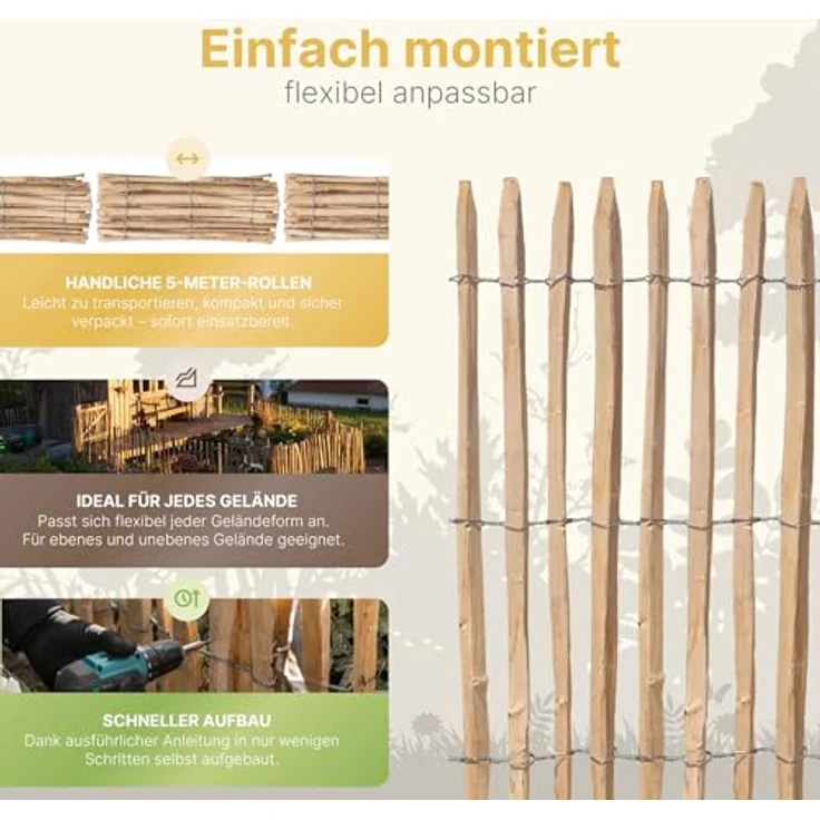 STILTREU Französischer Premium Staketenzaun Kastanie, 5 Meter lang, 150 cm hoch, Lattenabstand 4-5 cm, pflegeleicht und witterungsbeständig – Bild 5