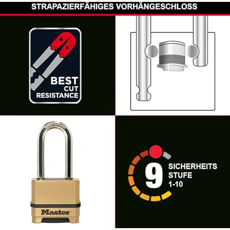 MASTER LOCK Hochsicherheits Vorhängeschloss [Zahlenkombination] [Zinkgehäuse] [XL Bügel] [Außenbereiche] M175EURDLH - Ideal für Lagerräume, Lagerschuppen, Garagen, Anhänger und mehr – Bild 4