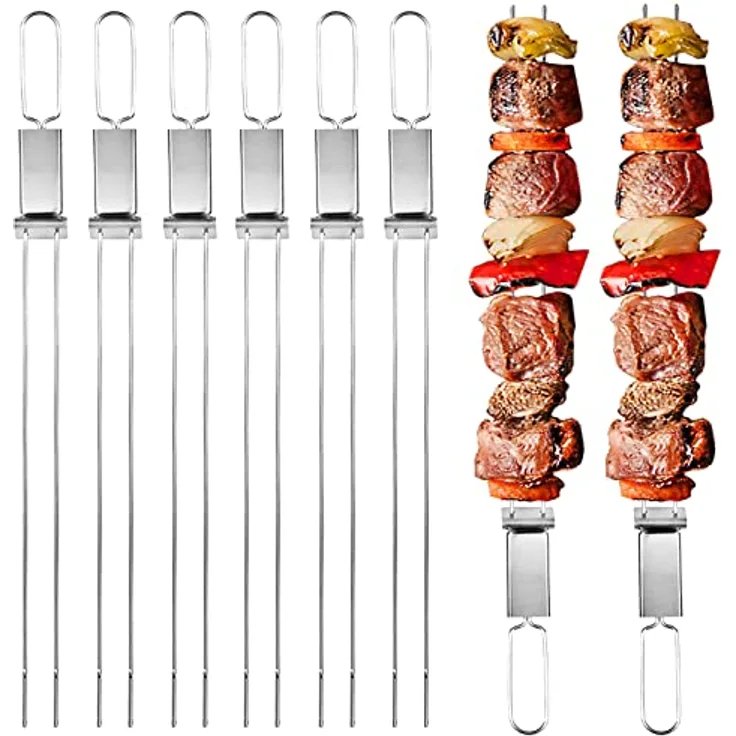 Dailyart Schaschlikspieße Edelstahl, 33 cm (6 Stück) – Zweizinkige BBQ-Flachspieße, extra breit 5 mm und 2 mm dick, rostfrei, ergonomischer Holzgriff, spülmaschinengeeignet