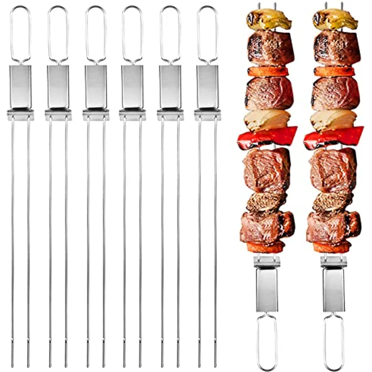 Dailyart Schaschlikspieße Edelstahl, 33 cm (6 Stück) – Zweizinkige BBQ-Flachspieße, extra breit 5 mm und 2 mm dick, rostfrei, ergonomischer Holzgriff, spülmaschinengeeignet – Bild 1