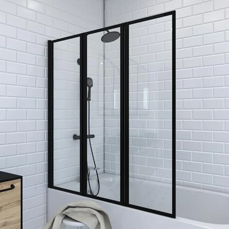 Marwell Badewannenfaltwand, Einscheibensicherheitsglas, beidseitig montierbar, 125 cm breit, schwarz, matt, transparent – Bild 1