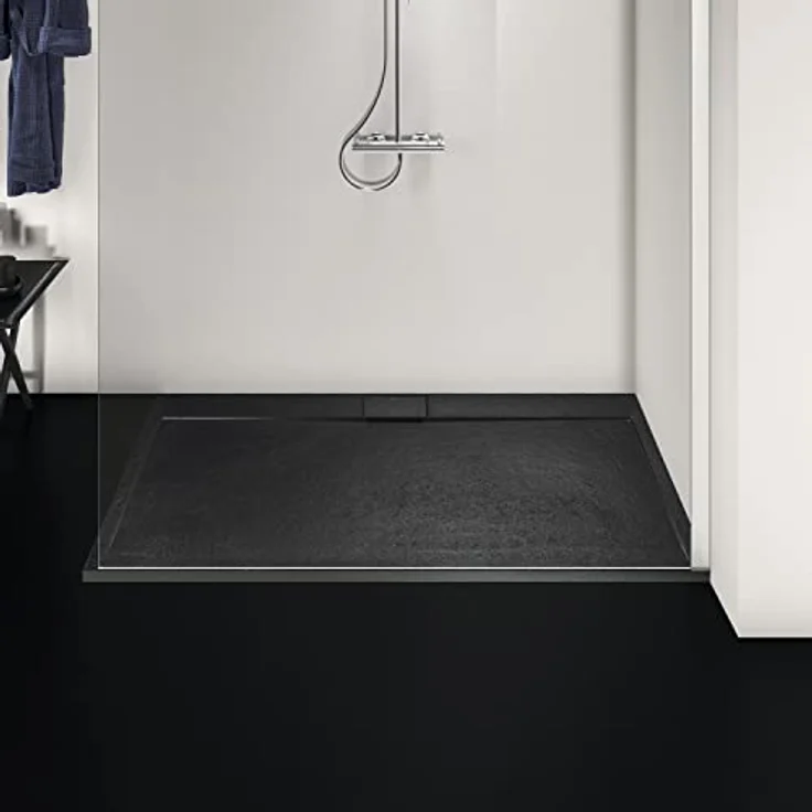Ideal Standard Ultra Flat S i.life Duschwanne 180x90 aus Kunstharz, rutschfest in Steinoptik, schwarz matt, Ablaufgarnitur lange Seite, ultradünnes Design – Bild 3